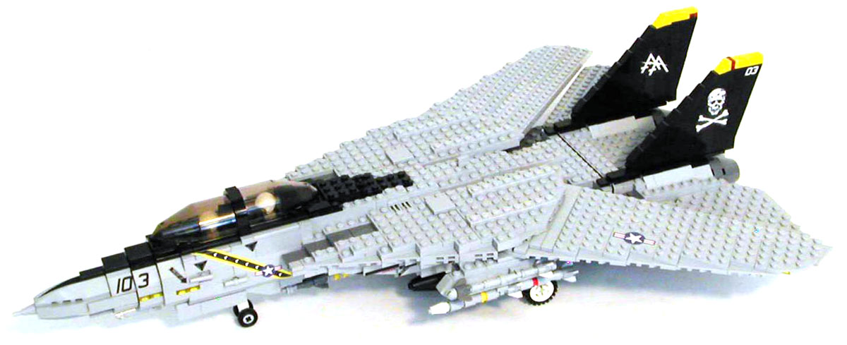 MECHANIZED BRICK custom moc LEGO F-14 Tomcat modern era fighter jet airplane set with directions on how to make, custom Navy pilots and stickers for build, play, and display.
