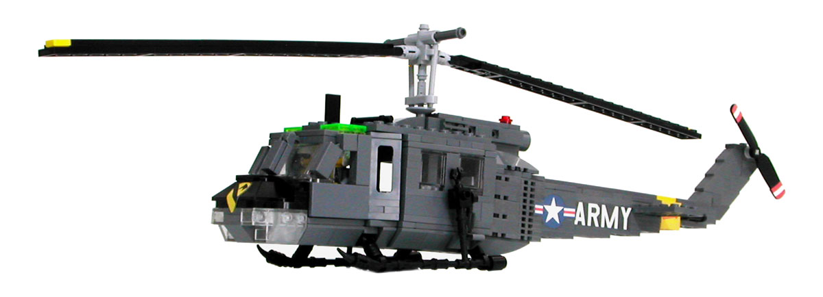 MECHANIZED BRICK custom moc LEGO Huey chopper Vietnam era set with directions on how to make, custom American flight crew, soldiers and stickers for build, play, and display.