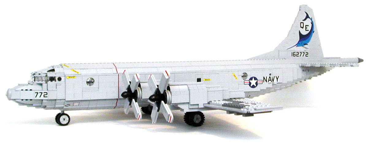MECHANIZED BRICK custom moc LEGO P-3 Orion modern era sub hunter killer reconnaissance airplane set with directions on how to make, custom Navy flight crew and stickers for build, play, and display.