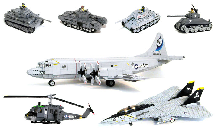 MECHANIZED BRICK Series 2 and 3 custom LEGO model building kits: Type 34, M4A3E8 Sherman, Pz.Kpfw. VI Tiger I, Mark VII Churchill, Iroquois UH-1 Huey, F-14 Tomcat, and P-3 Orion.