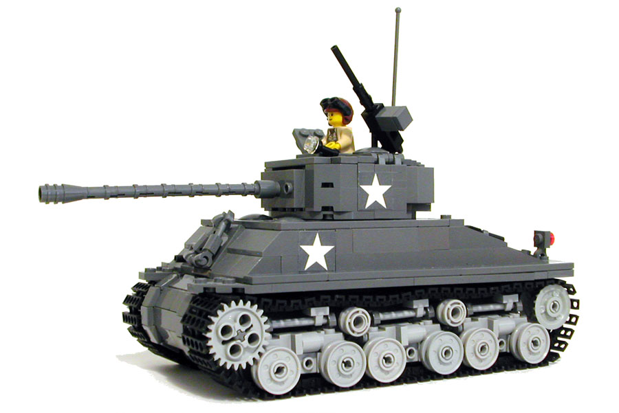 MECHANIZED BRICK custom moc LEGO M4A3 Sherman World War II AFV set with tank track treads, directions on how to make, custom American soldier and stickers for build, play, and display.